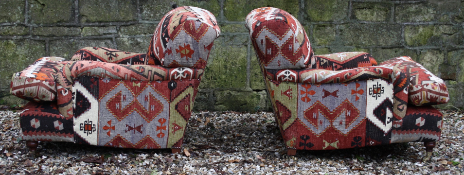 Pair of Lansdown Chairs upholstered in Turkish Kilim